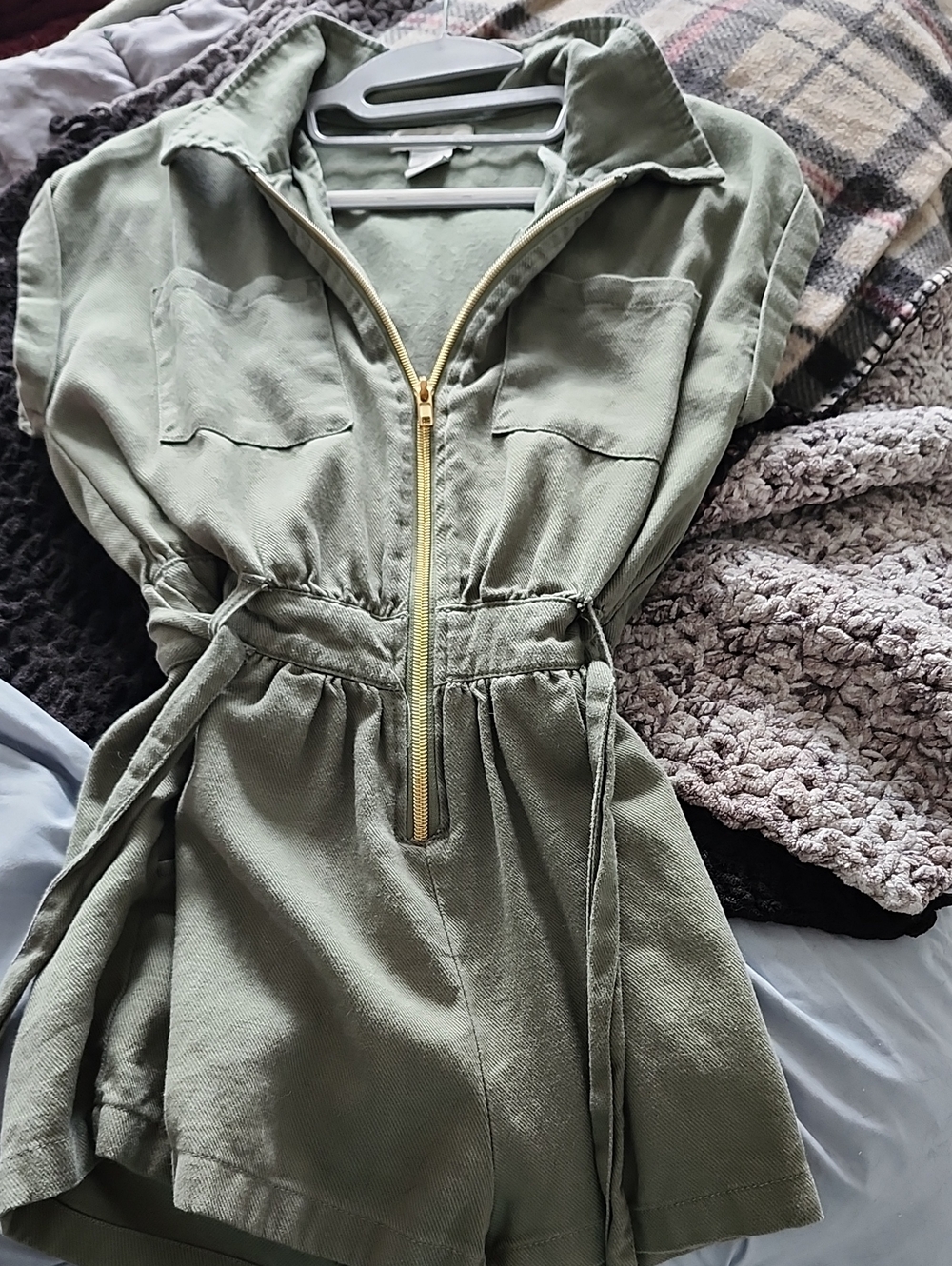 Olive Green Zip-Front Utility Romper